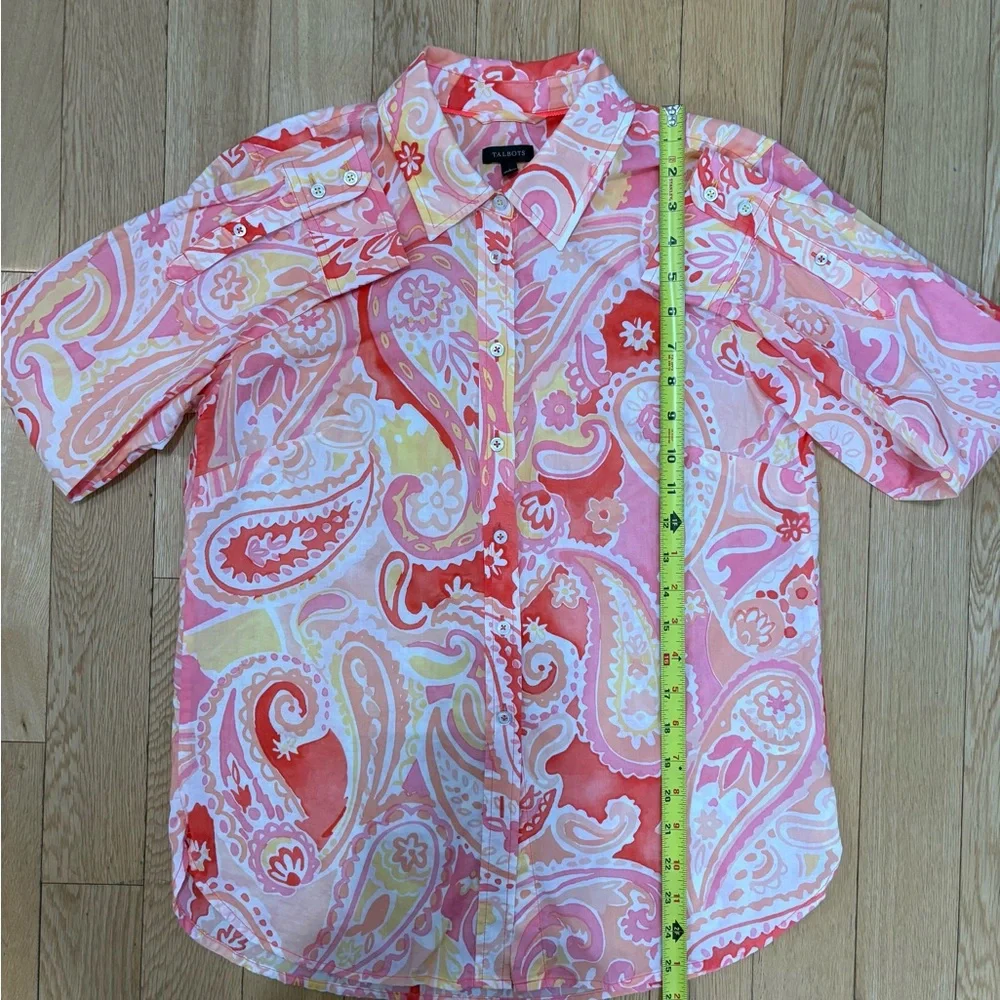 TALBOTS Modern Classic Paisley Blouse Pink Orange Button Down Boho Chic S - Picture 4 of 7